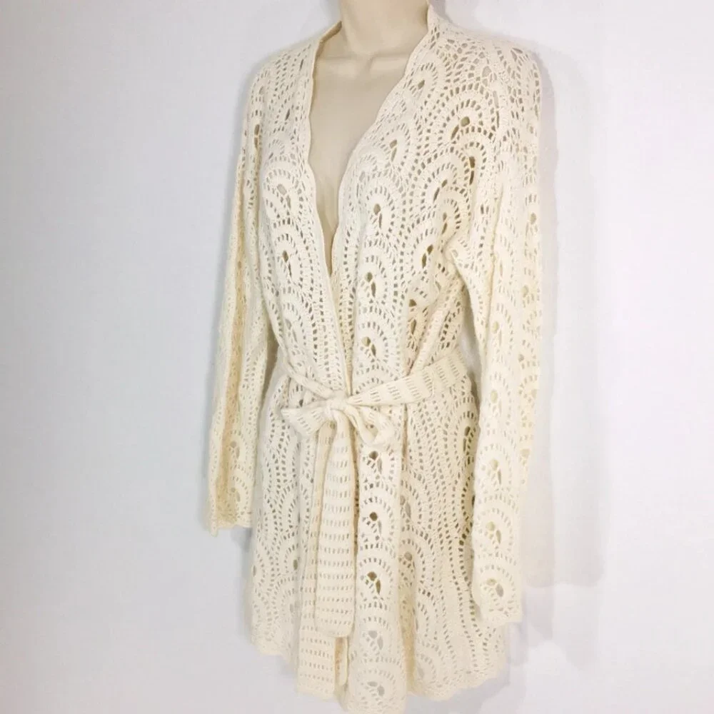 Jones New York Crochet Wool Angora Blend Open Cardigan Sweater Sz M Boho Chic
